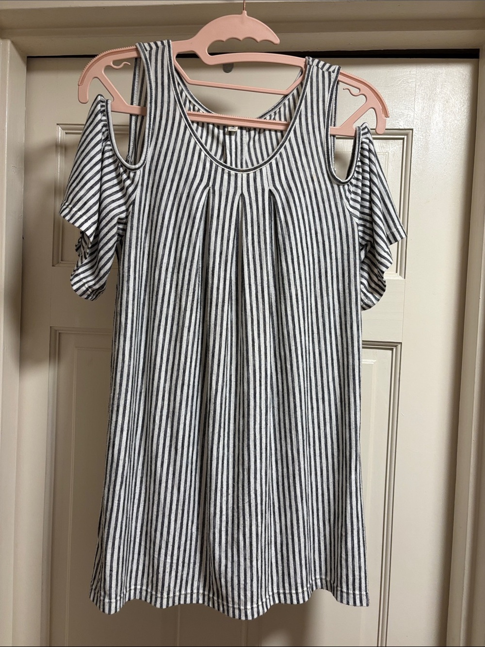 Max Studio Black and White Striped Cold-Shoulder Tunic